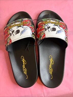 Ed Hardy Black Slides with Red, White & Green Skull Graphic
